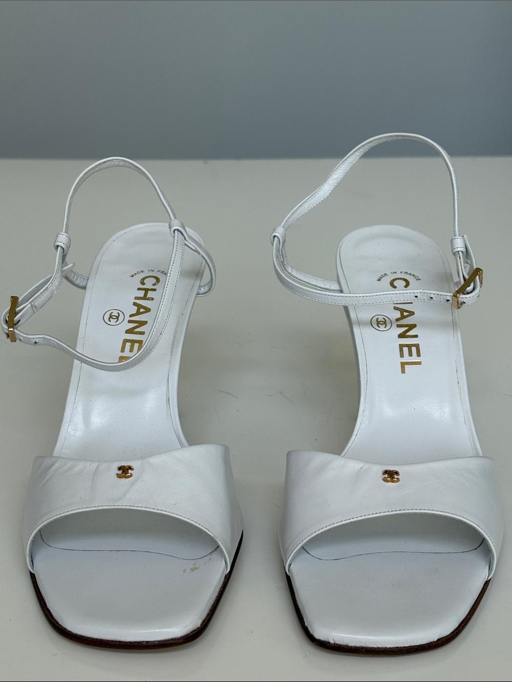 CHANEL Vintage Leather Ankle-Strap Sandals with Gold CC logo